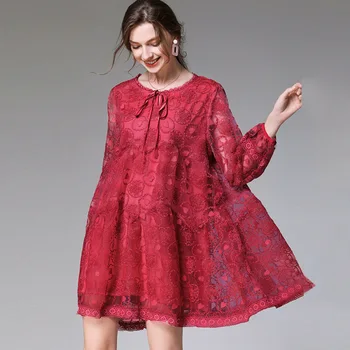 

Fashion Lace Lantern Long Sleeve Splicing Hollow Lace Lacing Round Neck Dress 2020 Retro Embroidery Irregular Hem Elegant Dress