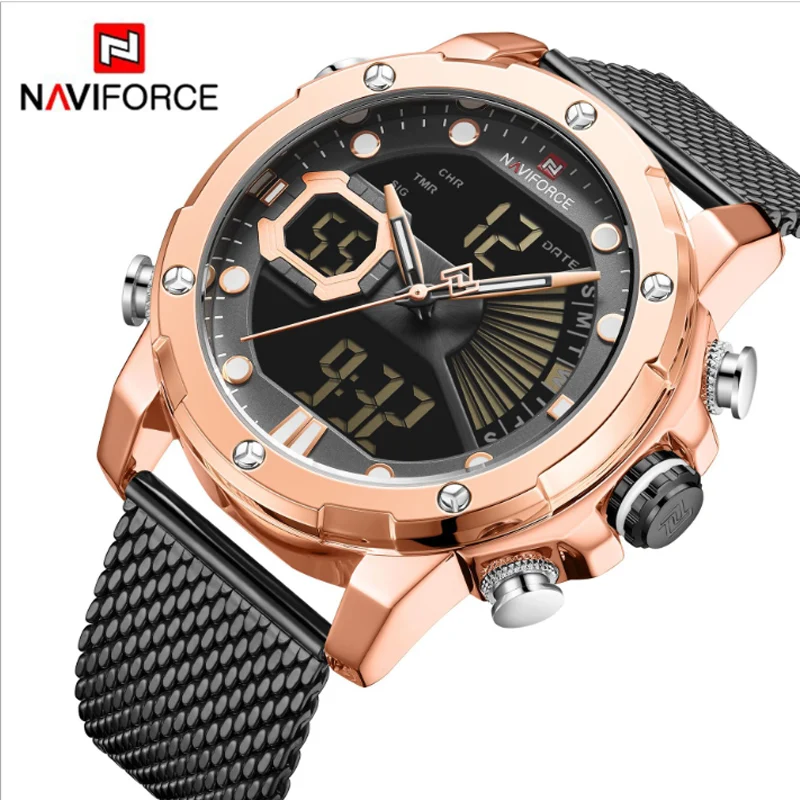 Men's Double Display Mesh Watch Waterproof Luminous Large Dial Student Calendar Sports Multi-Functional Electronic Men's Watch