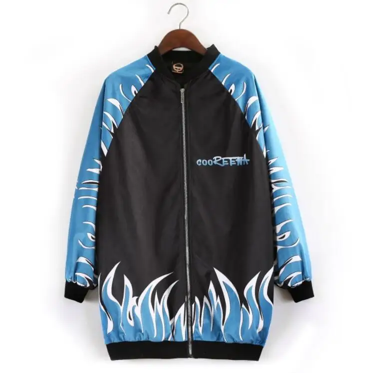 

2019 new hip hop style long design women jacket coat oversize loose zipper flame print coat with big pockets streetwear