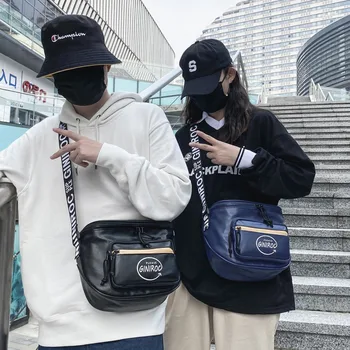 

New trend cool neutral PU Leather Men's and women's messenger bag stitching printing shoulder bag fashion women's bag