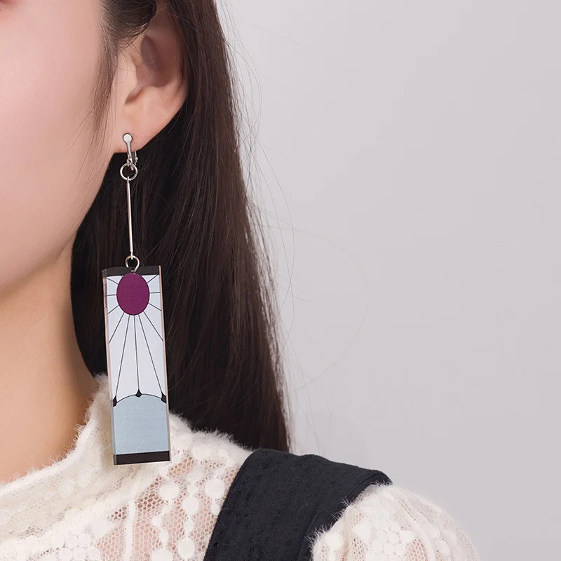 Fashion Acrylic Tanjiro Earrings Demon Slayer Anime Cosplay Props Hanafuda Drop Long Brincos For Women Girls Jewelry Hoop Earrings Stud Earrings Ear Clip Earrings Clip Earrings Ear Accessories Magnetic Earrings