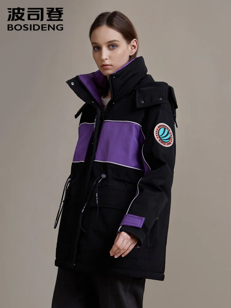

Bosideng Women's Detachable Hat With Stand Collar Medium Length Color Contrast Fashion Winter Coat Female Thick Coat B90142526DS