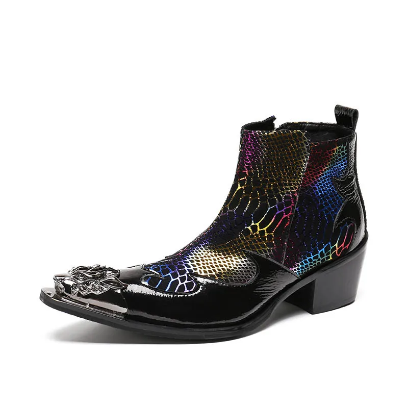 

2020 New British Mens Color Printed Boots Block Med Heels Metal Toes Night Club Punk Footwear Genuine Leather Party Shoes