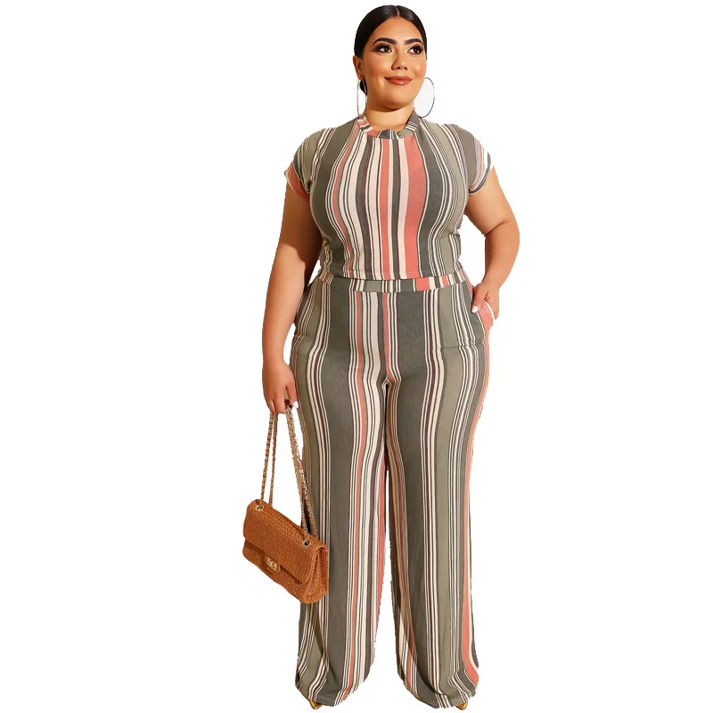 

Striped Prints Tight T Shirt Straight Pants Two Piece Fashion Casual Suit New Style