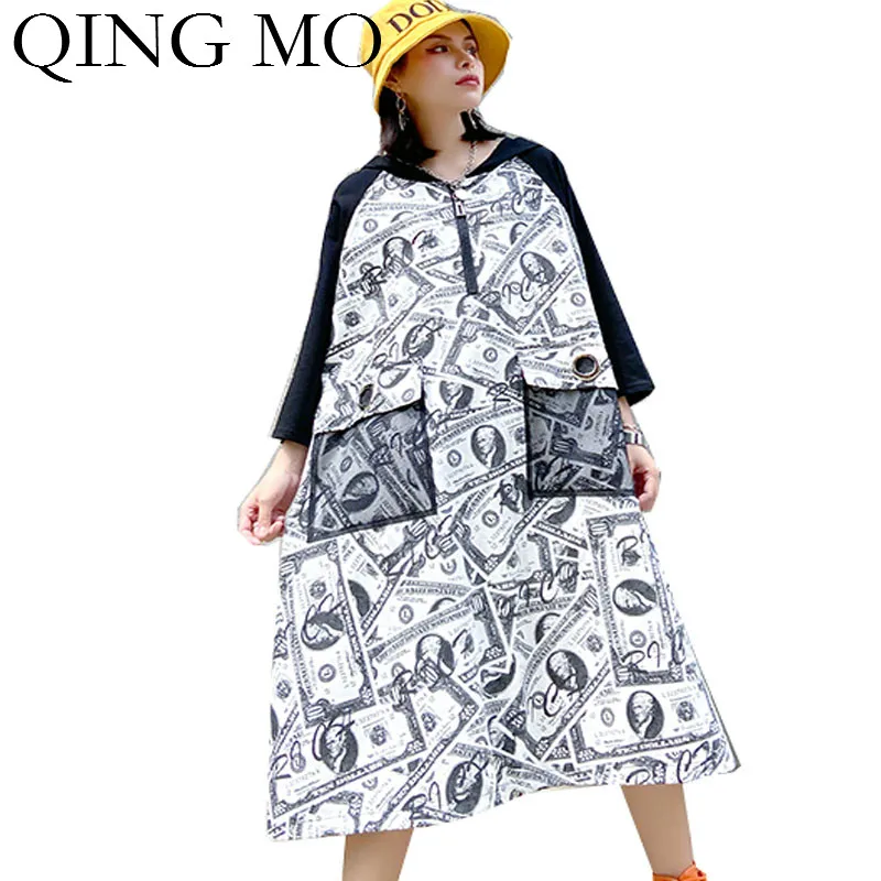 

QING MO Spring Women A Line Dress 2020 Women Personality Printed Dress Female Plus Size Slim Dress Hooded ZQY3480