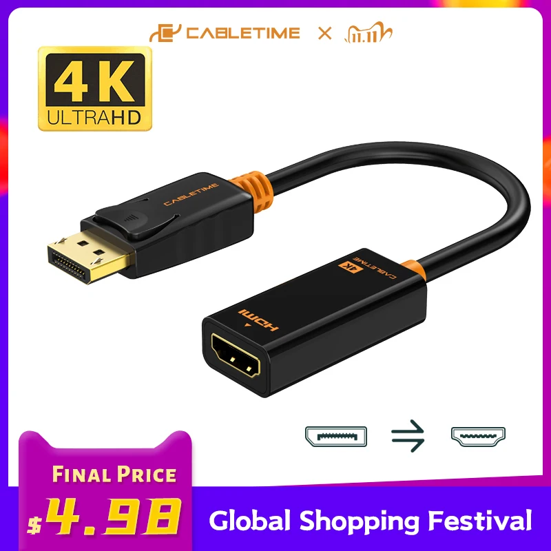 

CABLETIME HDMI Adapter 4K Displayport DP to HDMI Adapter 1080P Display Port Cable Converter For PC Laptop HDMI Cable Adapter 076