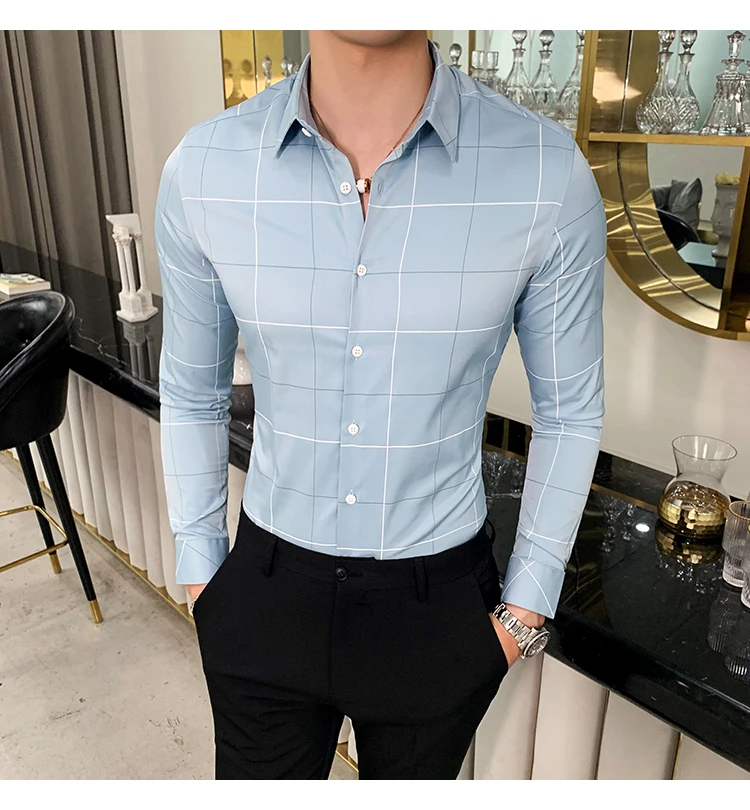 Chemise Homme мужские в английском стиле рубашки в клетку с длинными рукавами деловая официальная одежда зауженного покроя мужская повседневная