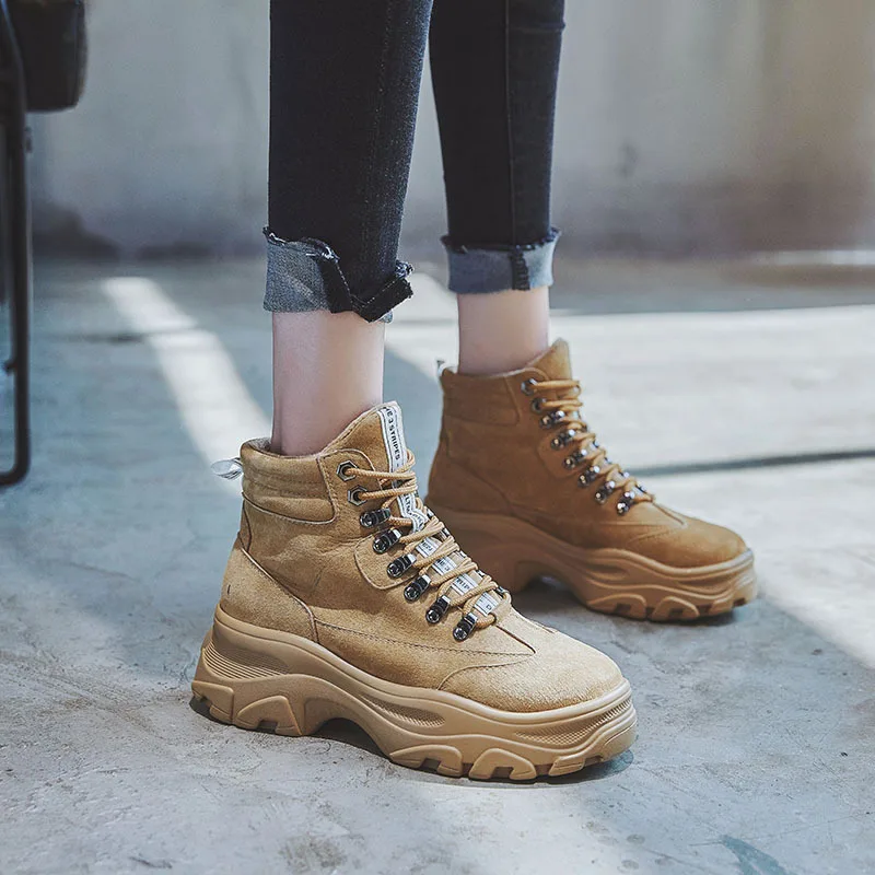 

2019 Autumn Winter Suede Leather Ankle Boots for Women Wedge Boots Increasing Platform Female Motorcycle Shoes Lace Up
