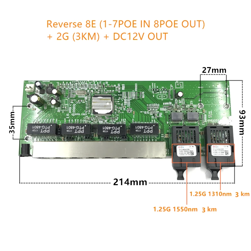 Обратное POE питание 10/100/1000M Gigabit Ethernet-коммутатор Ethernet волоконно-оптического одномодового 8 RJ45 UTP& 2 SC волокно Порты и разъёмы доска SFP3KM/20 км