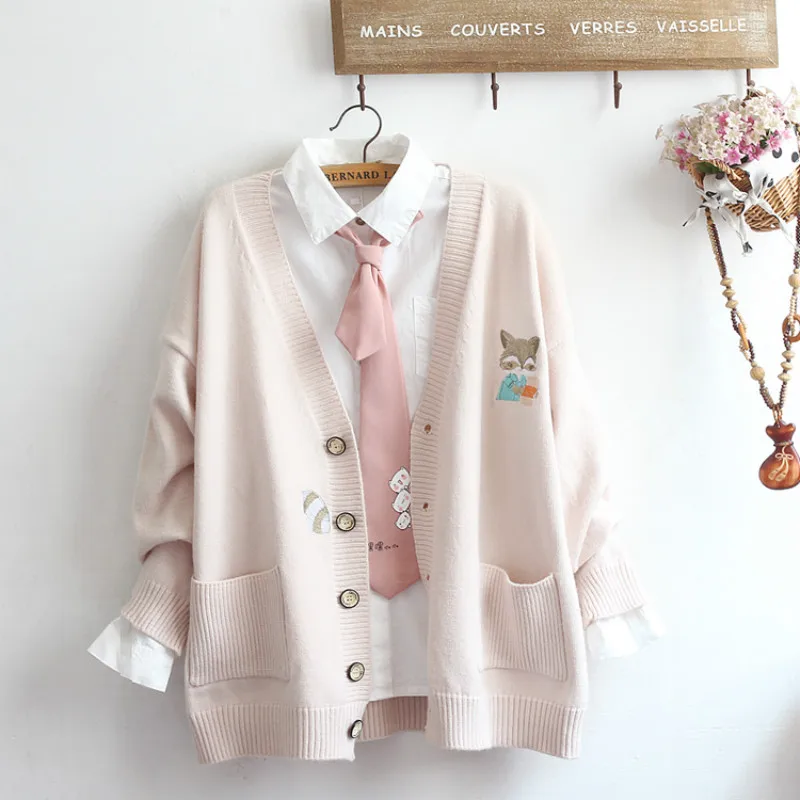 

NCLAGEN Lovely Cartoon Embroidery Girl Students Cardigan Sweater V Neck Single Breasted KPOP Kawaii Women Knitwear Outerwear