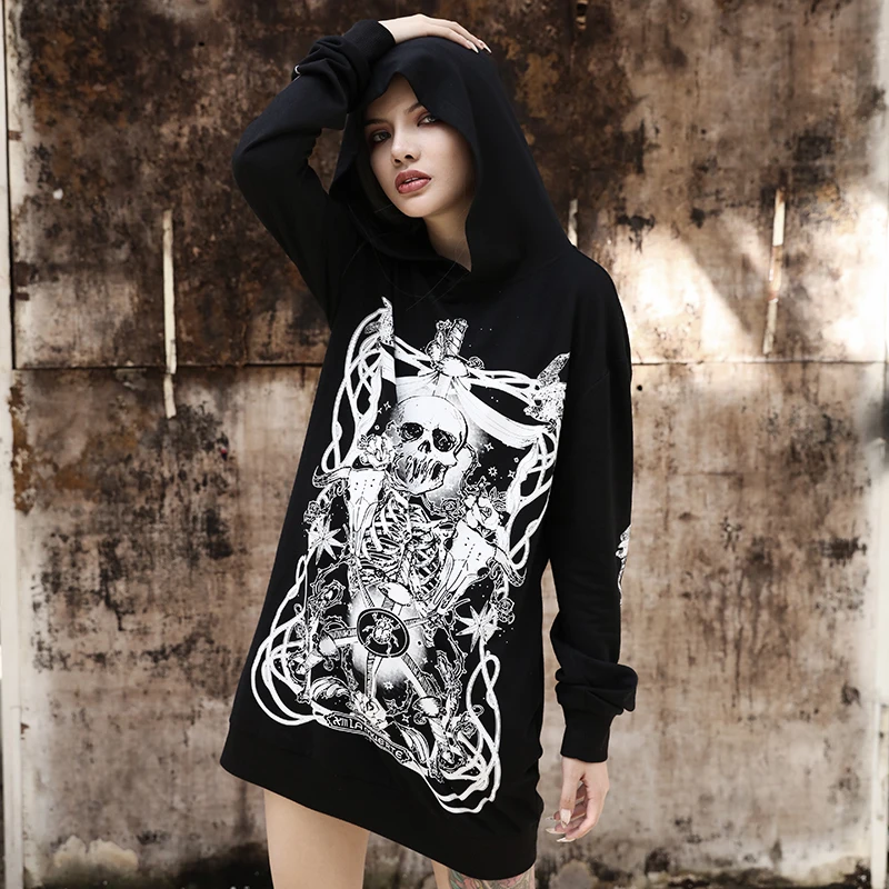 

Gothic Black Women Long SleeveSkull Pirate Printing Hooded Tops Goth Spring Punk Female Hip Hop Streetwear Dark Loose Hoodeis