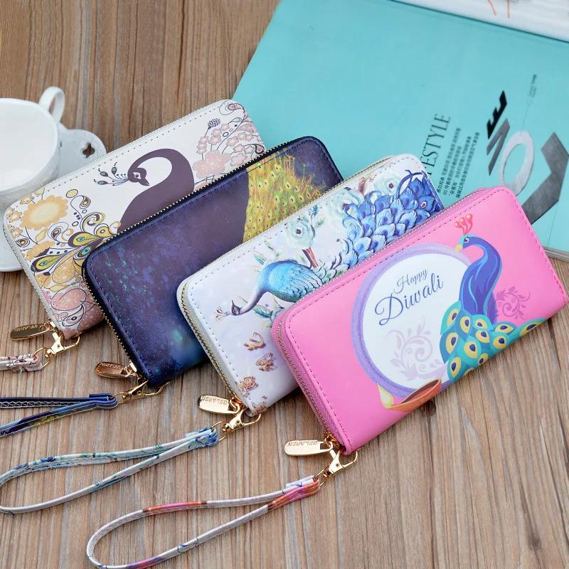 Long Wallets for Women PU Leather Peacock Printing Zipper Wristband Clutch Bag Large Capacity Female Money Clip Card Holder 4