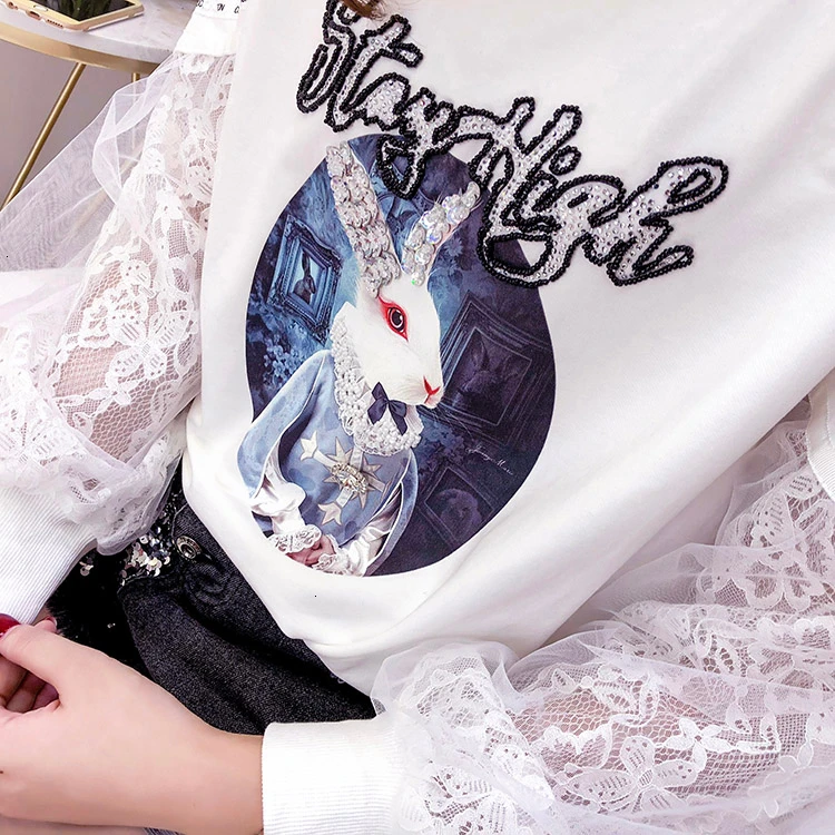 Cartoon print patchwork hoodies women sweatshirt loose hoodie autumn new arrival beading long sleeve o-neck tops