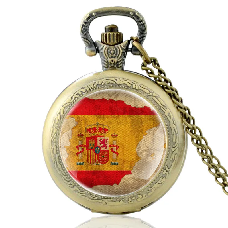 

Retro Bronze Spain National Emblem and Map Glass Dome Quartz Pocket Watch Vintage Men Women Chain Jewelry Gift