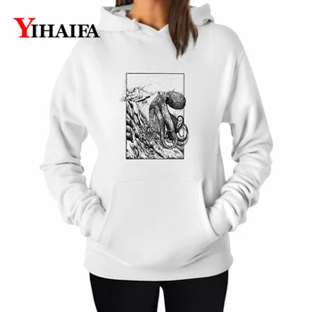

YIHAIFA Woman Funny Octopus itself Printed Hoodies Sweatshirts Tops Harajuku Pullover Blouse