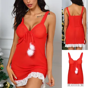 

Sexy Robe Sets Sleep Tops Women Lace Bow Sexy Christmas V-neck Lingerie Nightdress Thong Nightwear Underwear Dormir Tops Пижама