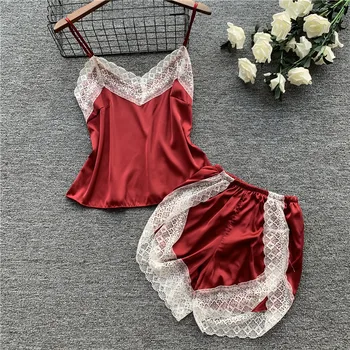 

Ladies Sleepwear Silk Satin Pajama set Women Sexy Lace Night suit Nightwear Shorts Halter top pyjama femme Homewear