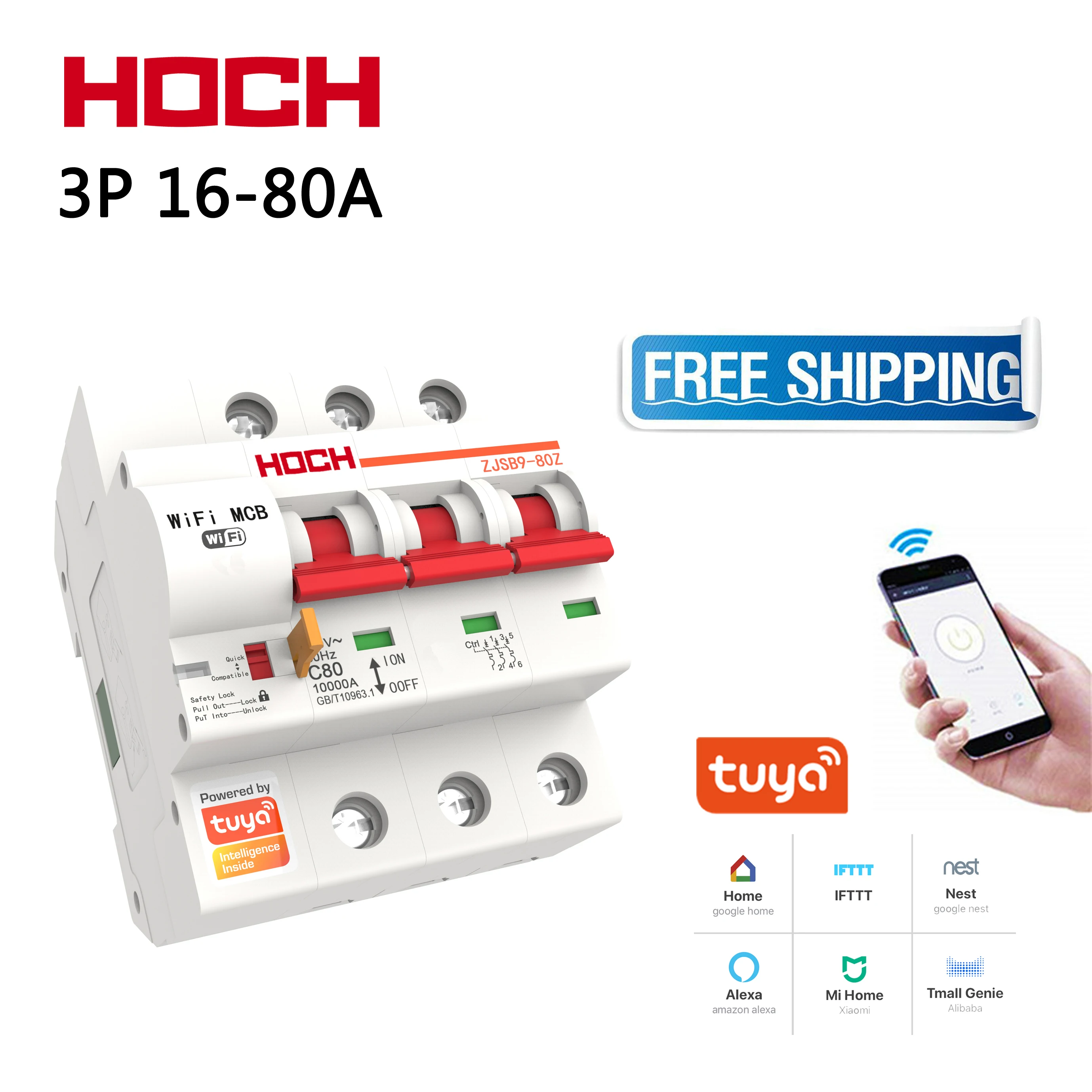 

HOCH ZJSB9-80Z Tuya WIFI Circuit Breaker FACTORY timer Remote Control 3P wireless smart Home intelligent Switch Free shipping
