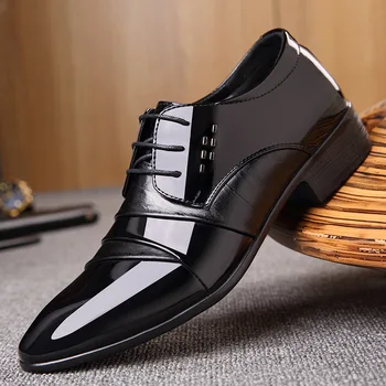 

Patent Leather Men Casual Shoes Luxury 2020 Mens Loafers Breathable Lace-Up Black Shoes Man Formal Wedding Business Dress Shoes