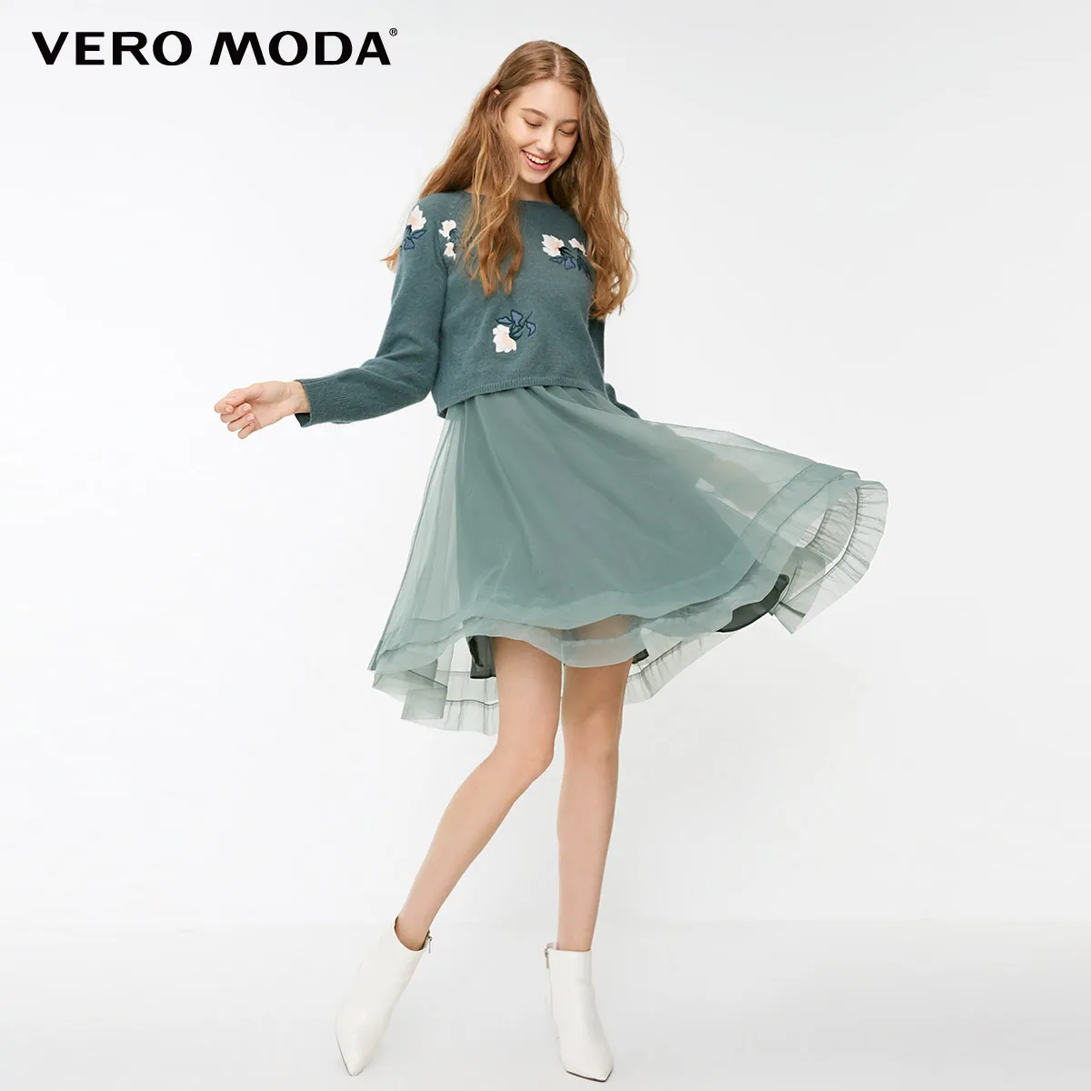 Balsam green Vero Moda женское трикотажное платье средней длины с круглым вырезом и вышивкой | 31837D516 - Цвет: Balsam green