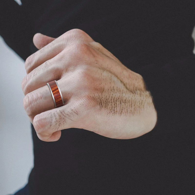 

BEVELED SILVERLY STAINLESS STEEL MEN PROMISE RING WITH SANTOS ROSEWOOD INLAY WEDDING ENGAGEMENT BAND