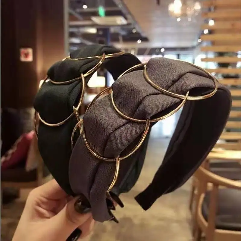 

New High-end boutique hair accessories women's gold ring cross stitching fabric wide-brimmed fashion hairband headband hair band