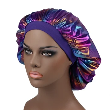 

New Fashion Women Satin Night Sleep Cap Hair Bonnet Hat Comfortable Elastic Wide Band Bonnet Hair Care Cap for Home Salon Spa