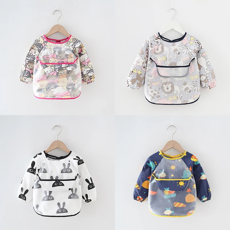 0-4T Baby Bandana Bibs 2021 New Cute Cartoon Bibs Waterproof Infant Eating Children Drawing Long Sleeve Apron Baby Self Feeding