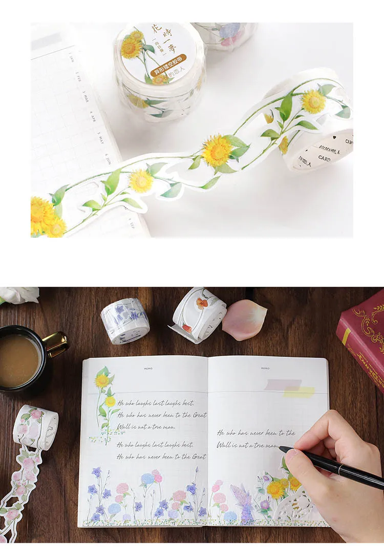 3M/roll Student Stationery Masking Tape Flowers Printing Hollow Out Washi Tape Sticker for DIY Diary Scrapbook Photo Album Decor