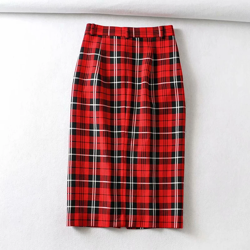 VomVoa Wild lady straight skirt autumn and winter new sweet high waist retro casual red plaid skirt women's skirt