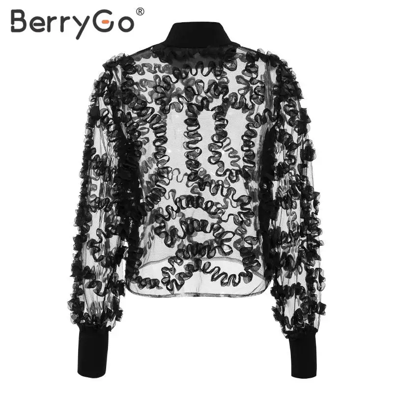 BerryGo, Сексуальная кружевная блузка с прозрачной сеточкой, женские модные вечерние рубашки для клубов, цветочные водолазки с длинным рукавом, женские черные топы