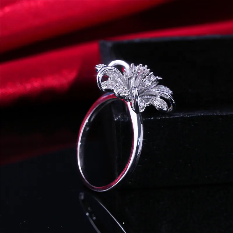 Fashion Ladies Crystal Big Flower Zircon Ring Luxury Silver Filled Love Finger Ring Unique Promise Wedding Rings For Women