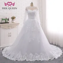Круглый вырез Тюль Длинные рукава с аппликацией вышитые кружева на сетке пояса жемчуг свадебное платье со съемным верхом бант vestido de novia W0278