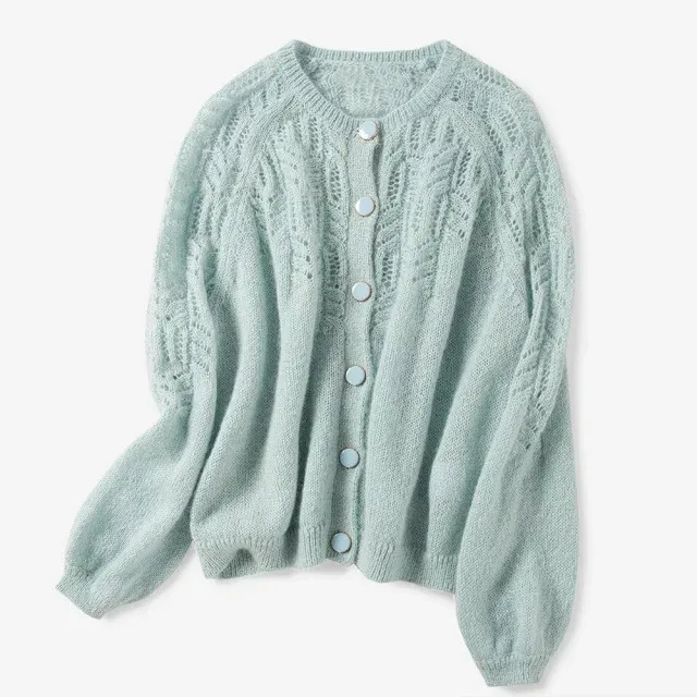 ^*Best Offers New Hollow Out Crochet Knitted Cardigan Women O Neck Sweater Solid Color Single Breasted Knitted Sweater Knitted Jacket