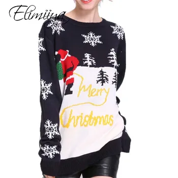 

Elimiiya Ugly Sweater Women Funny Christmas Sweater snowflake Loose Winter Black Long Sleeve Pullover Knitted Jumper