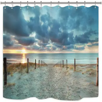 

Ocean Beach Scenic Shower Curtain North Holland Brown Sundown Blue Sky Seaside Landscape Sand Decor Fabric Panel Bathroom