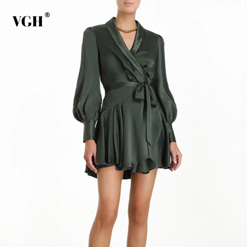 

VGH Lace Up Bowknot Satin Dress Women V Neck Lantern Sleeve High Waist Sashes Casual Mini Dresses Female 2019 Fashion Clothes