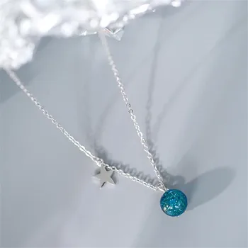 

New Fashion Ocean Eye Blue Sand Starlight Glass Ball 925 Sterling Silver Jewelry Star Crystal Birthday Gift Necklaces H569