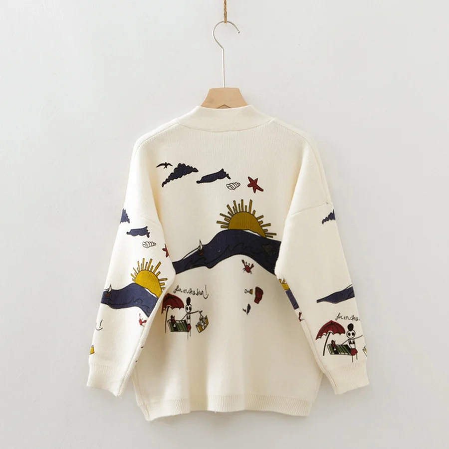 

BoozRey Autumn 2021 Cute Printing Japanese Style All-match Long-sleeved Knitted Jacket Spring New Loose Cardigan Sweater Women