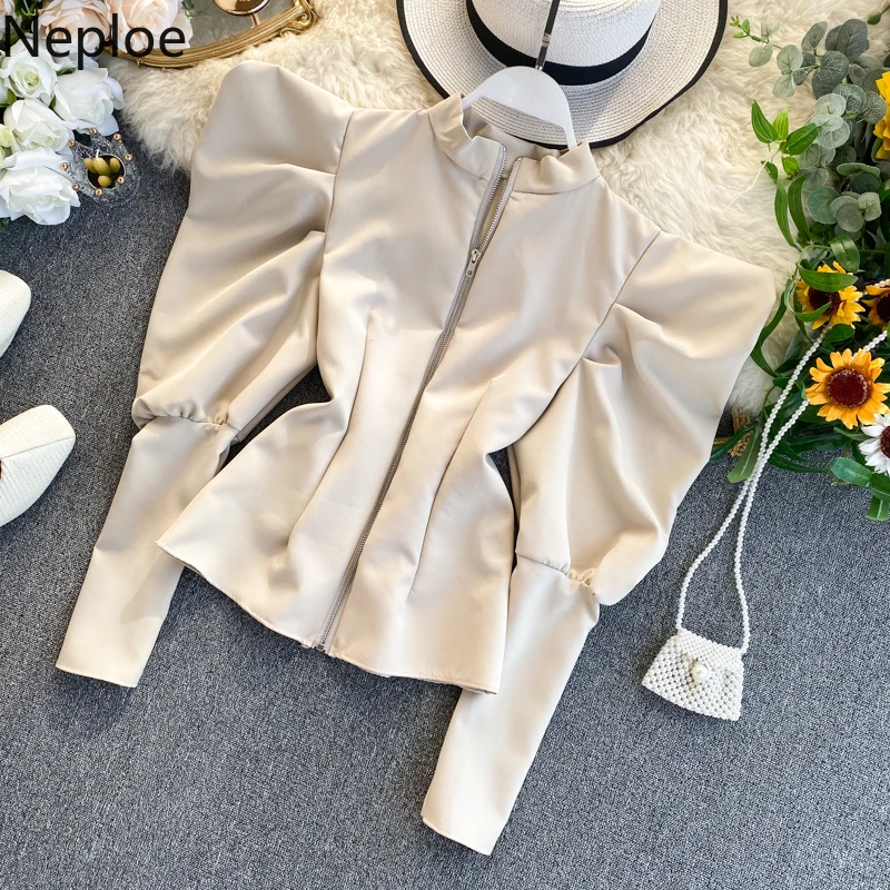 Neploe Retro Court Style Slim Fit Zipper Blouse Women Stand Collar Puff Long Sleeve Multicolor Blusas Korean Elegant Shirt 49160 | Женская