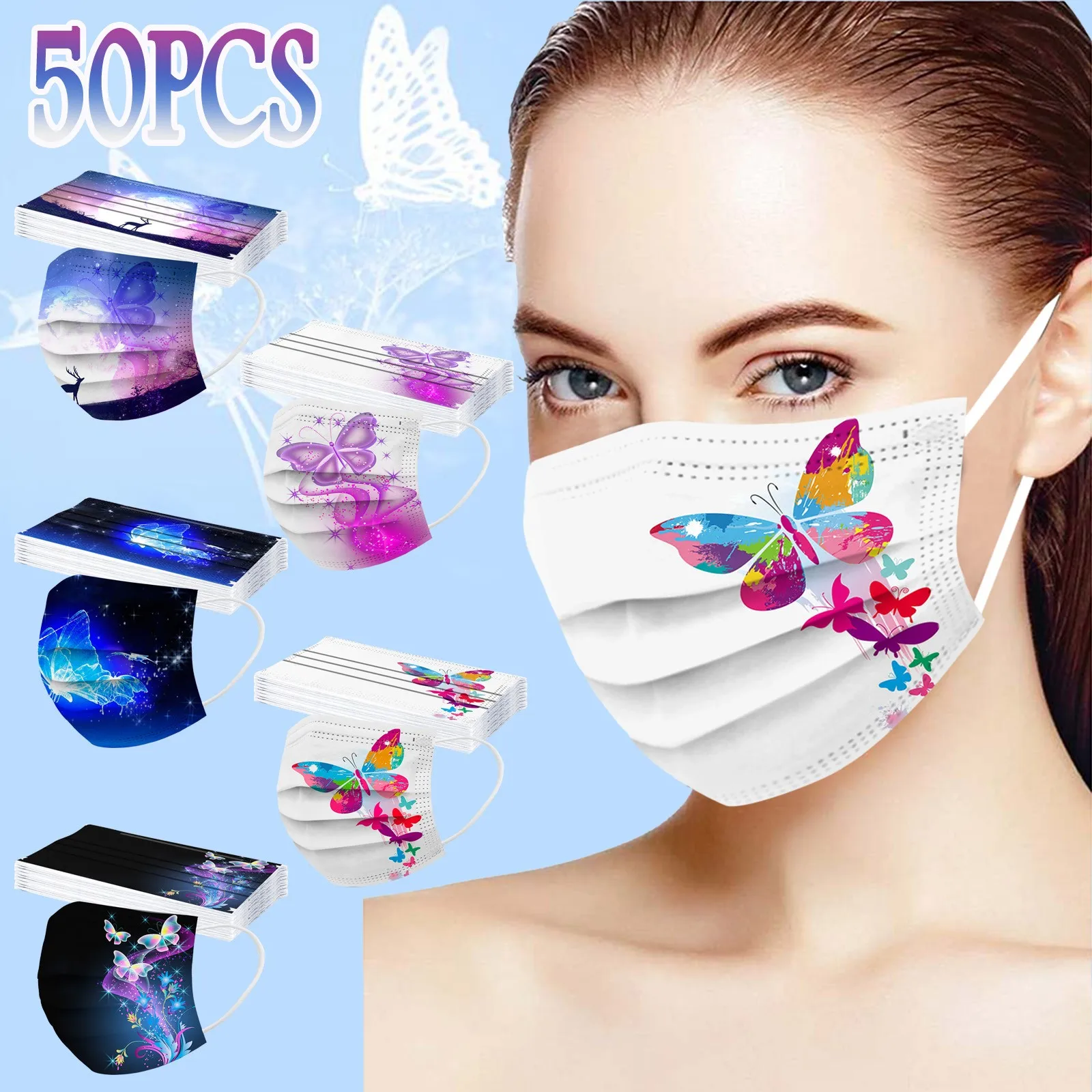 10/50pcs Disposable Non-woven 3-layer Filter Mask Butterfly Printed Women Man Mouth Face Mask Adult Breathable Black Facemask