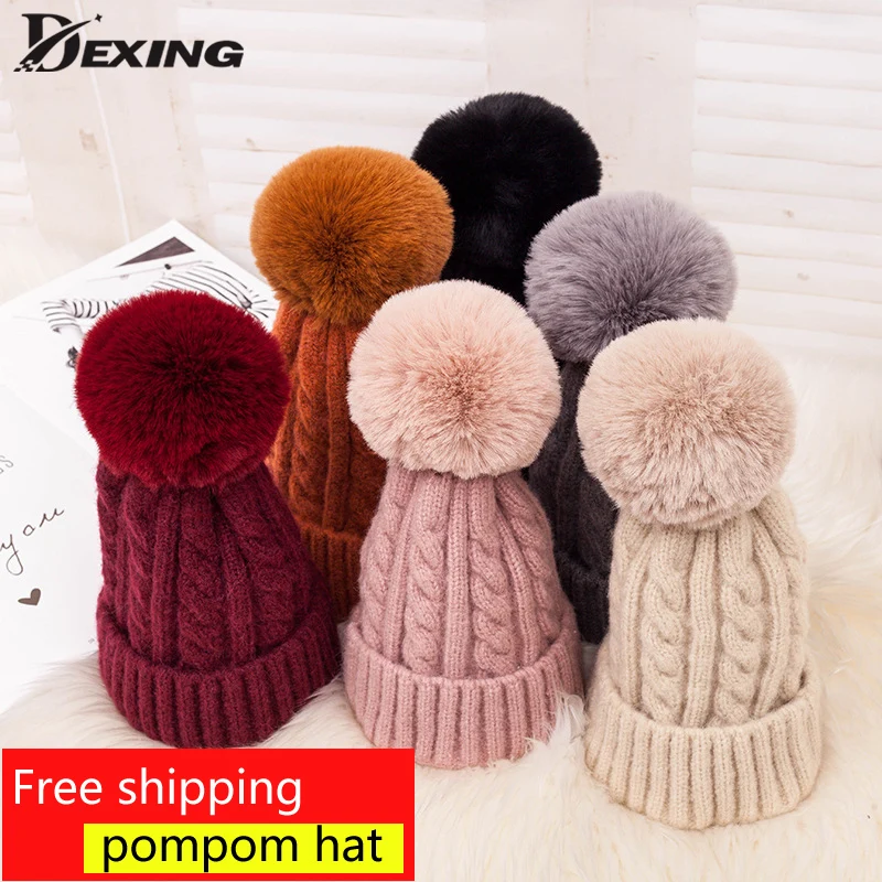 Мягкая шерстяная шапка с меховым помпоном, зимняя женская шапка, вязаная шапка Skullies Beanies, Толстая теплая женская шапка с искусственным помпоном для мальчиков и девочек