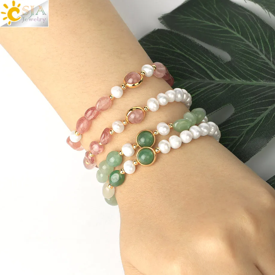 Женский браслет из натурального камня CSJA эластичный с натуральным пресноводным