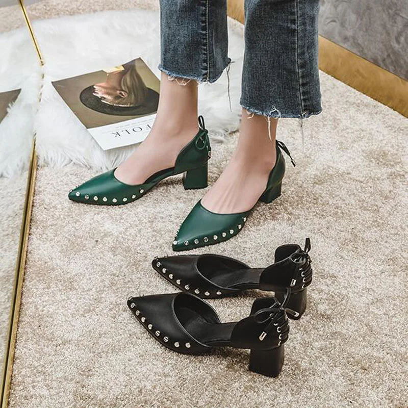 

Summer Female Pumps pointed lady sexy high heels Green black with thick with wild single women shoes Sandalias femeninas 1218-20