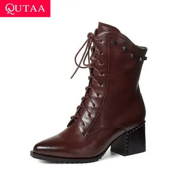 

QUTAA 2021 Ankle Boots Cow Leather Square High Heel Women Shoes Autumn Winter Pointed Toe Lace Up Zipper Ladies Pumps Size 34-42