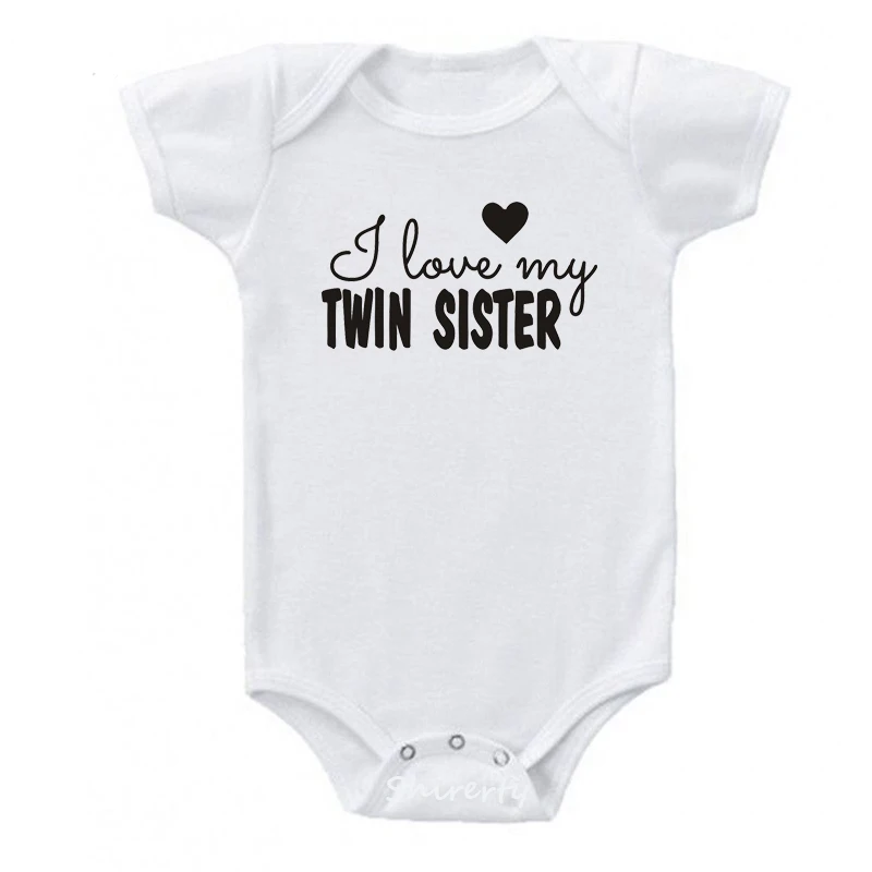 Близнецы, хлопковая одежда для новорожденных; Комбинезон для маленьких мальчиков и девочек короткий рукав с буквенным принтом футболки с надписью «I Love My Twin брат комбинезон, детская одежда - Цвет: Twin Sister-White