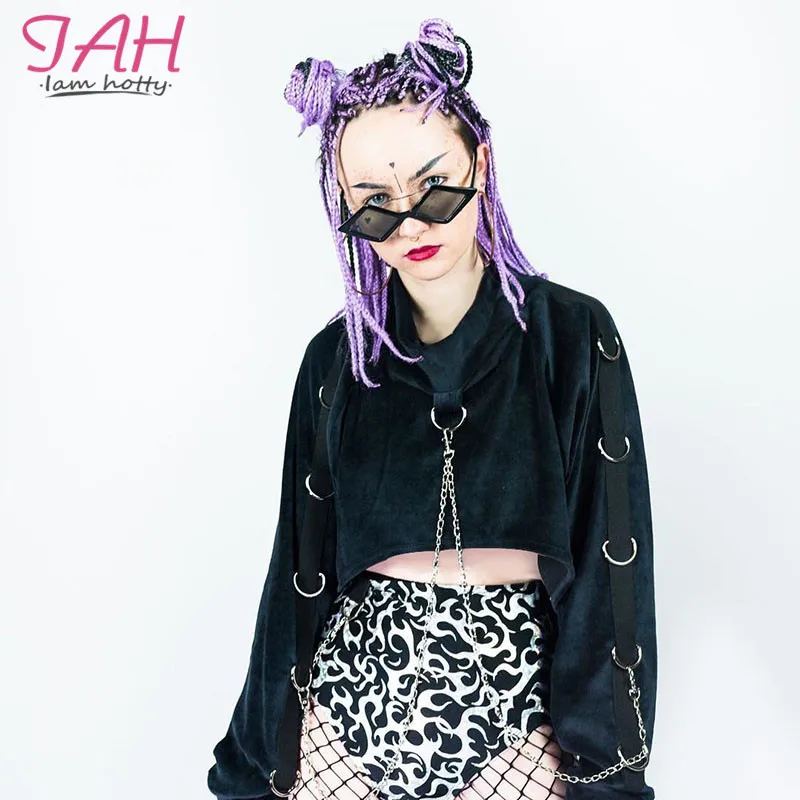 

IAMHOTTY Metal Chain Ring Hip Hop Black Hoodie Women Velvet Long Sleeve Loose Bts-Kpop Gothic Harajuku Crop Hoodies Sweatshirts