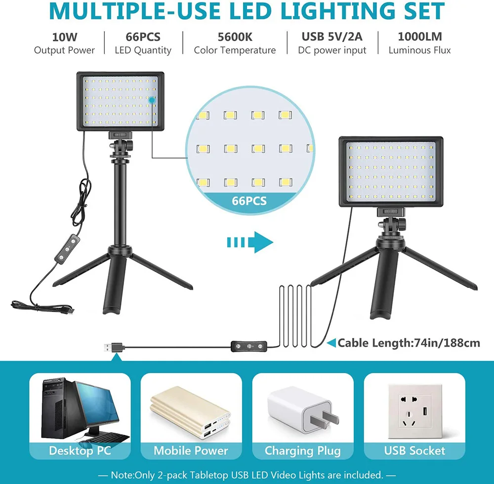 2 Packs Portable Photography Lighting Kit Dimmable 5600K USB 66 LED Video Light with Mini Adjustable Tripod Stand