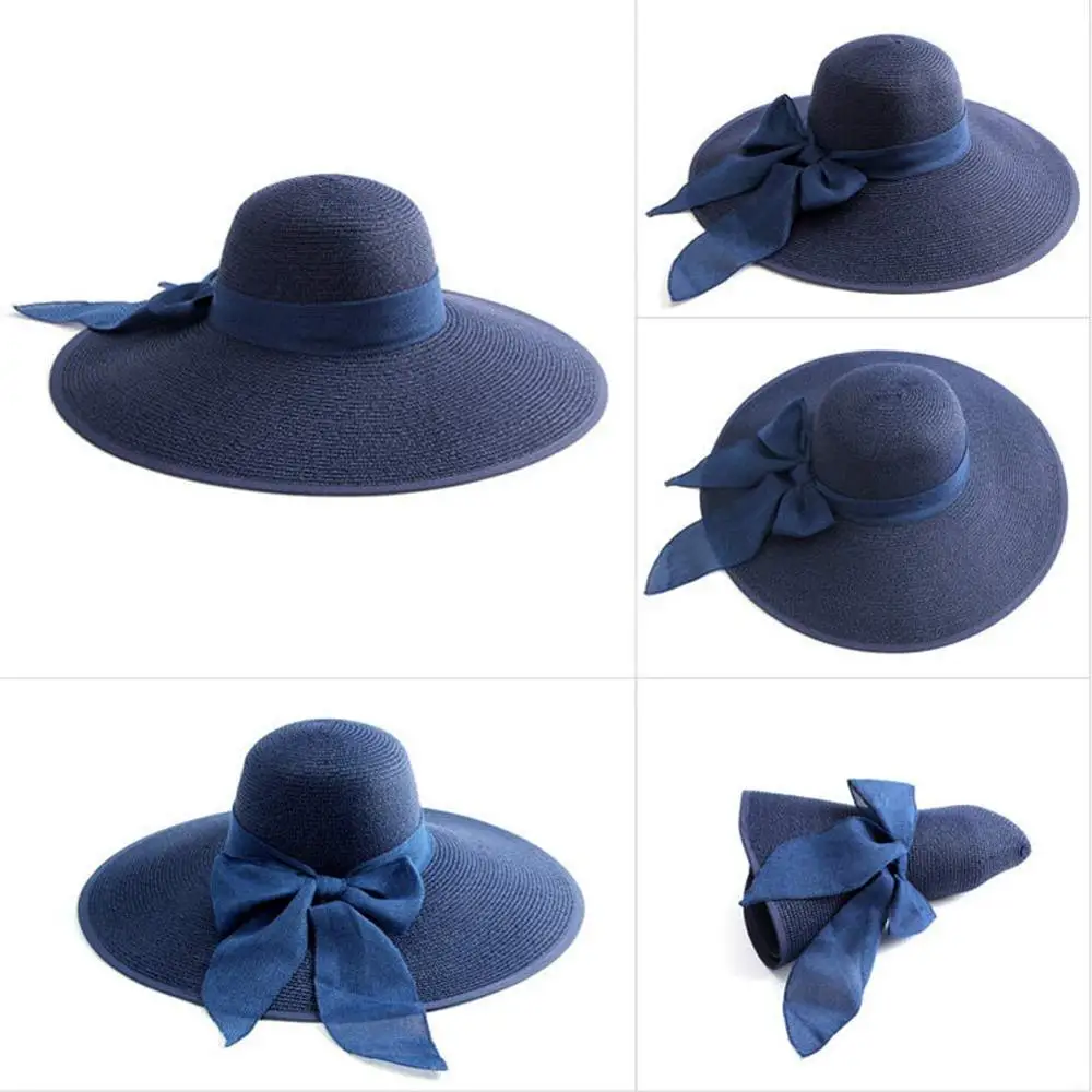 Womens Wide Brim Straw Hat Floppy Foldable Roll up Cap Beach Sun Hat UPF 50+