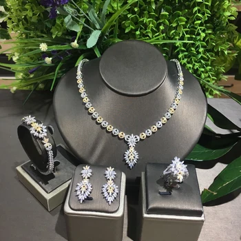 

GODKI UAE 4pcs 2 Tone Flowers DUBAI Bridal Necklace Set For Women Wedding Nigeria Zircon Crystal Dress PARTY Jewelry sets 2020
